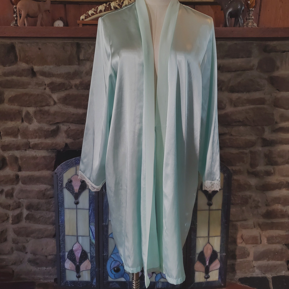 Apt 9 Seafoam Mint Green Satin Robe XL Kimono Wrap Lace Cuff Loungewear NO BELT